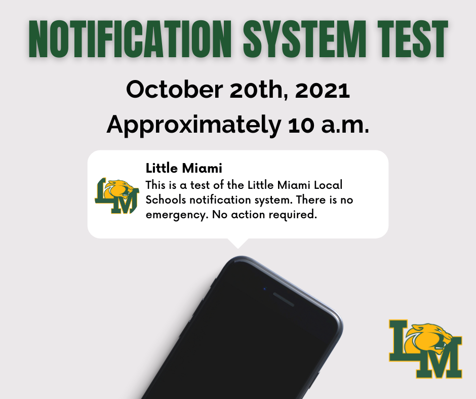 iphone with a text bubble announcing notification system test on october 20
